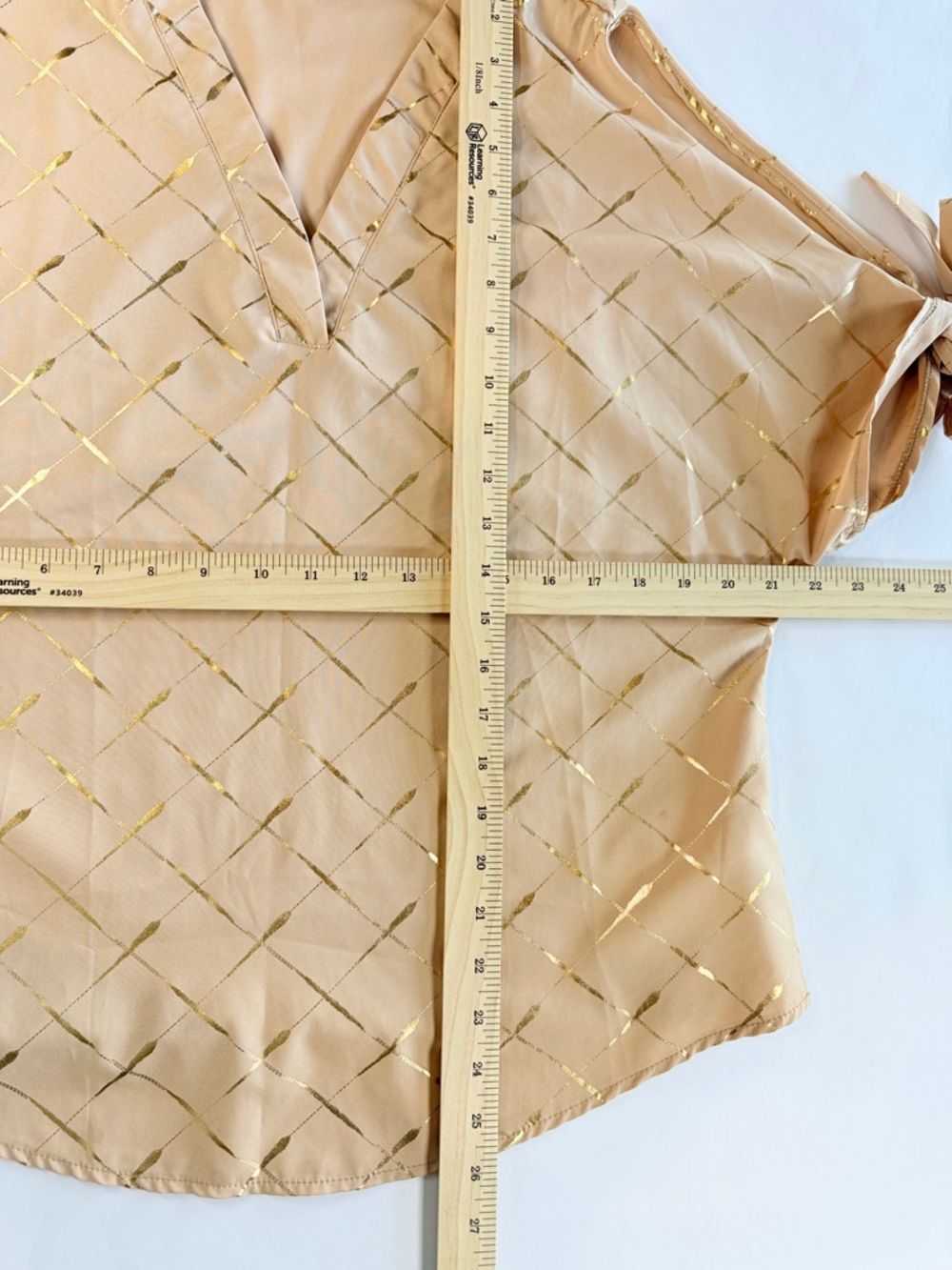 Metallic Gold Beige Grid Coldâ Shoulder Top V-Neck Tie Sleeve Blouse Med - Picture 9 of 10